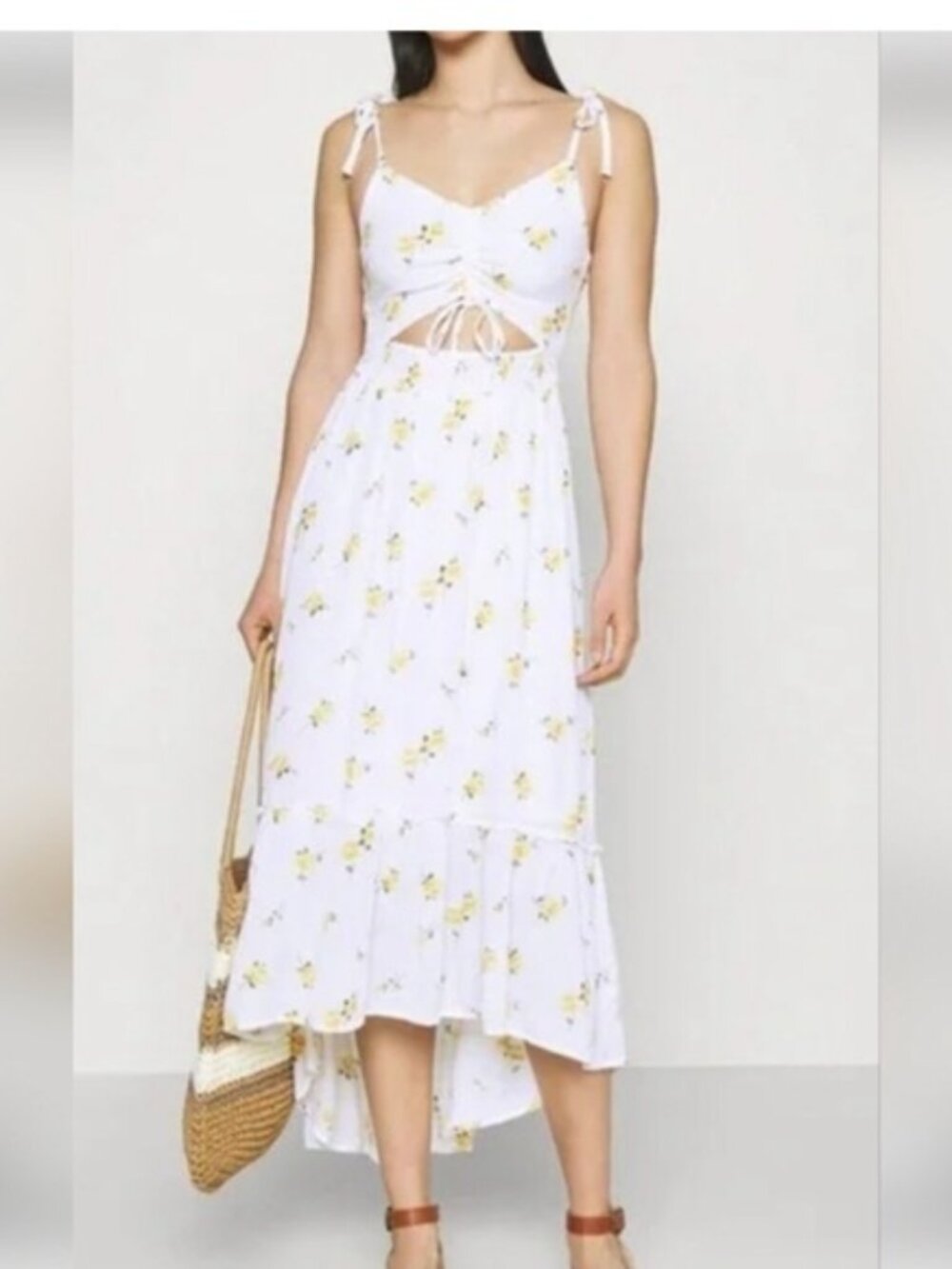 White Floral Tie-Front Midi Dress